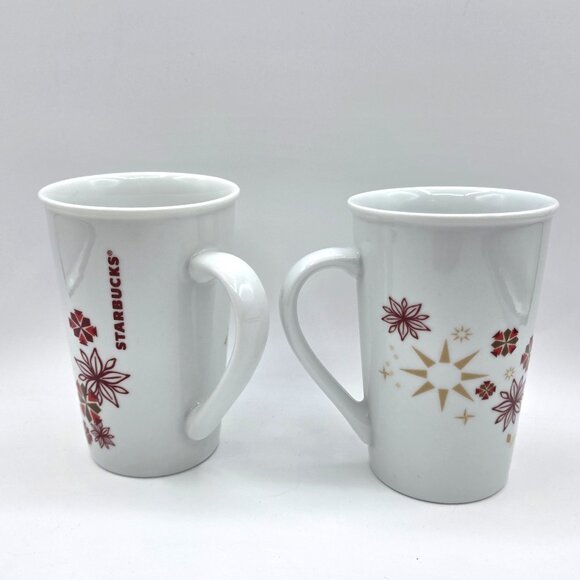 2013 Holiday STARBUCKS Set of 2 Snowflake Christmas Coffee Red Gold Mug 12 oz. - Picture 3 of 9